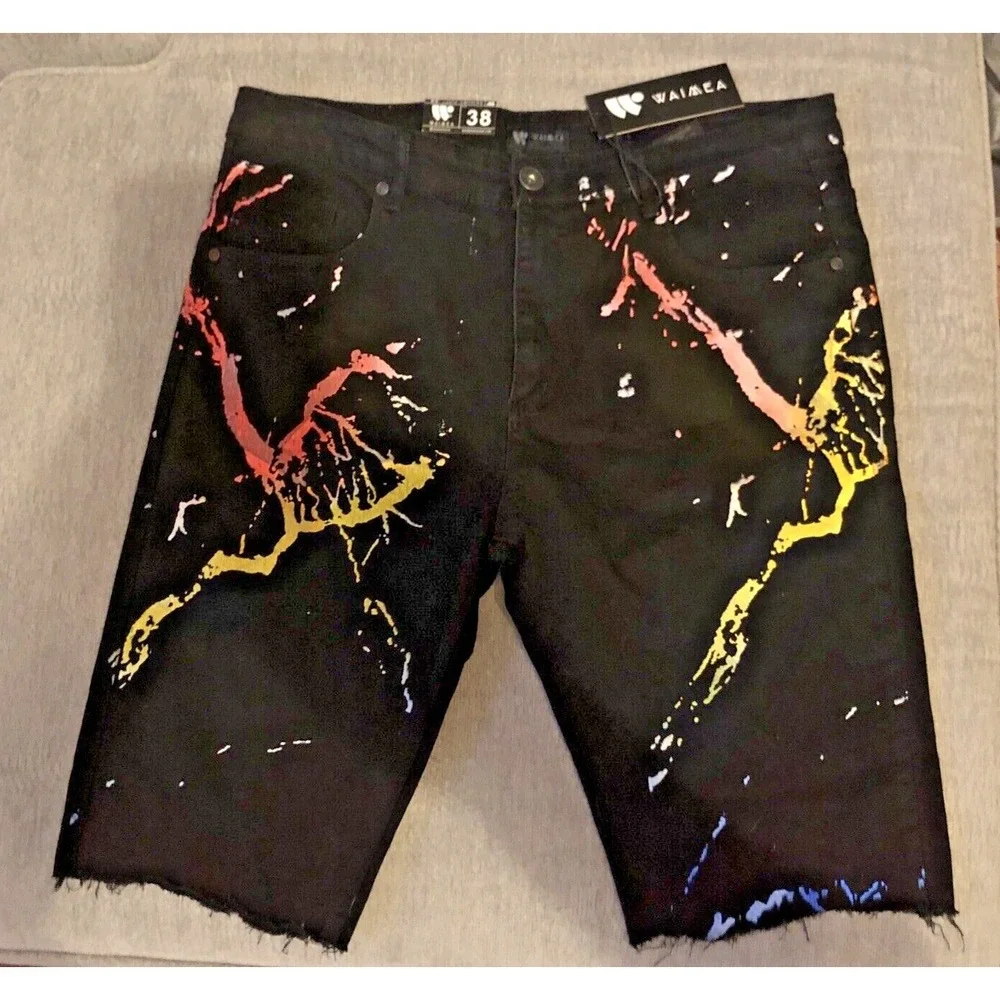 Waimea Men's 38 Skinny Fit Black Splatter Denim Shorts Distressed Fray Hem NWT